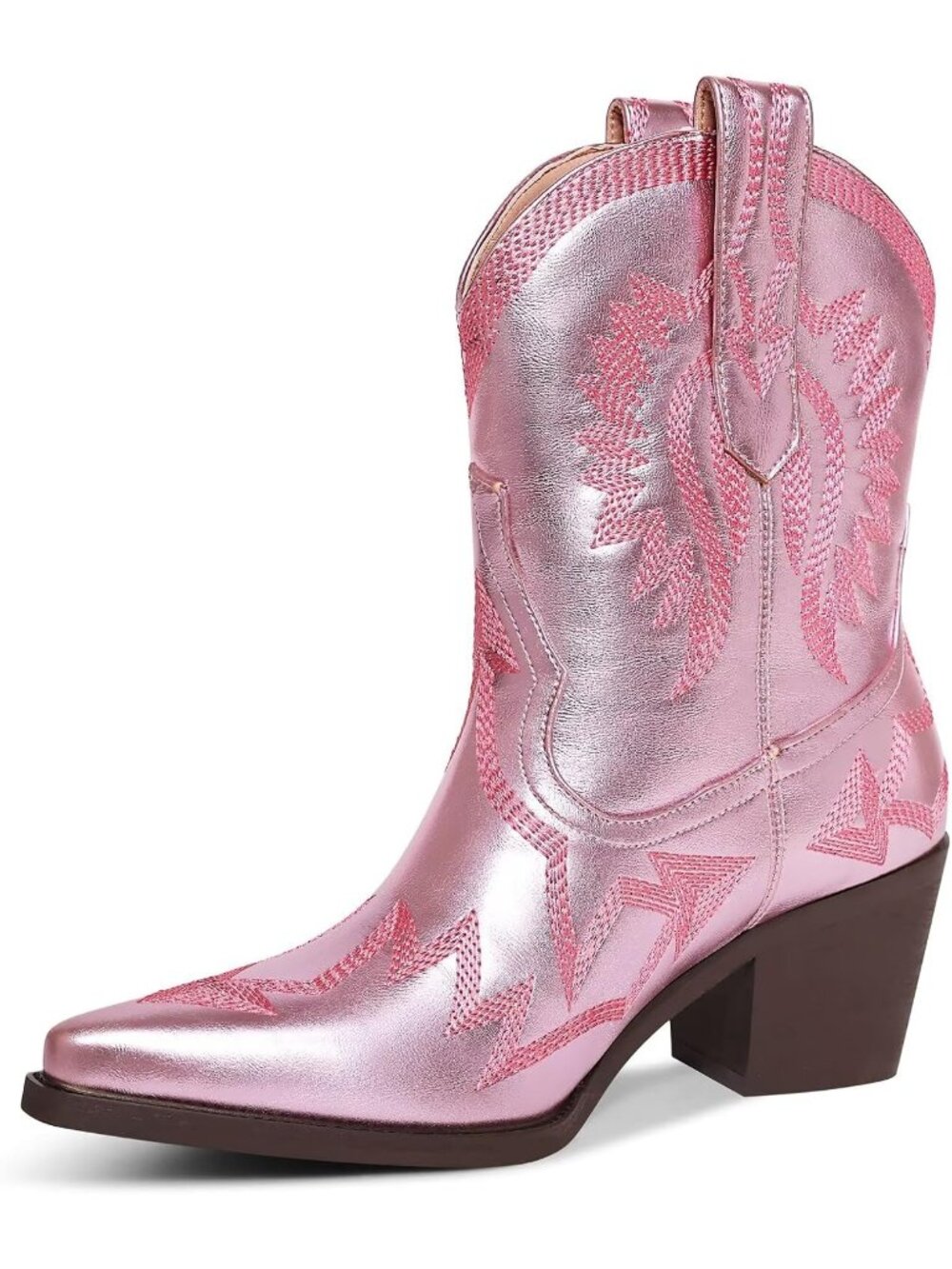 Women's Pink Western Ankle Cowgirl Boots Chunky Pointed Toe Wide Calf Boots
